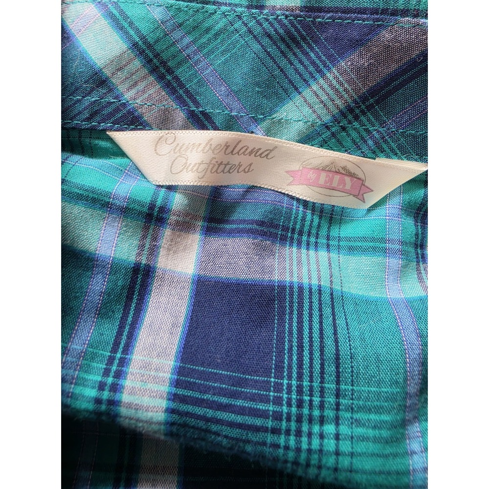 Western Cowgirl Plaid Pearl Snap Shirt Women L Embroidered Rodeo Y2K Teal Blue - Picture 6 of 6